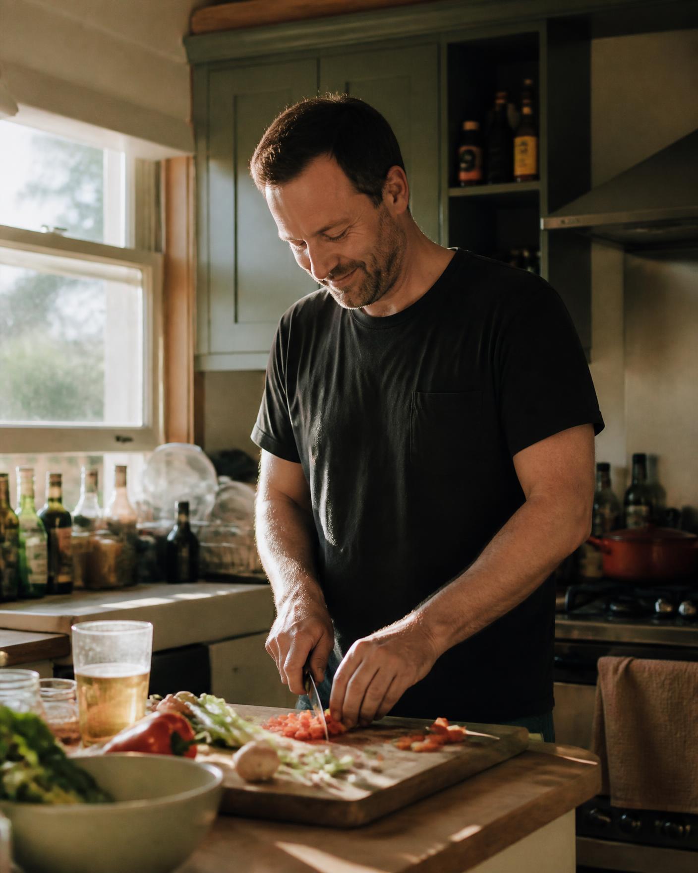 Chris Hibbert chopping vegetables at home in a warm, lived-in kitchen.